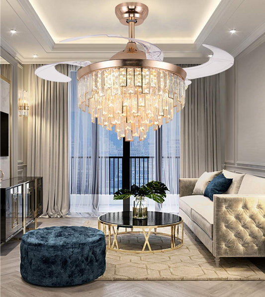 A Million 42" Crystal Ceiling Fan with Light Modern Luxury Chandelier Retractable Blades Remote 3 Speeds 3 Color Changes Silent Ceiling Fans Lighting