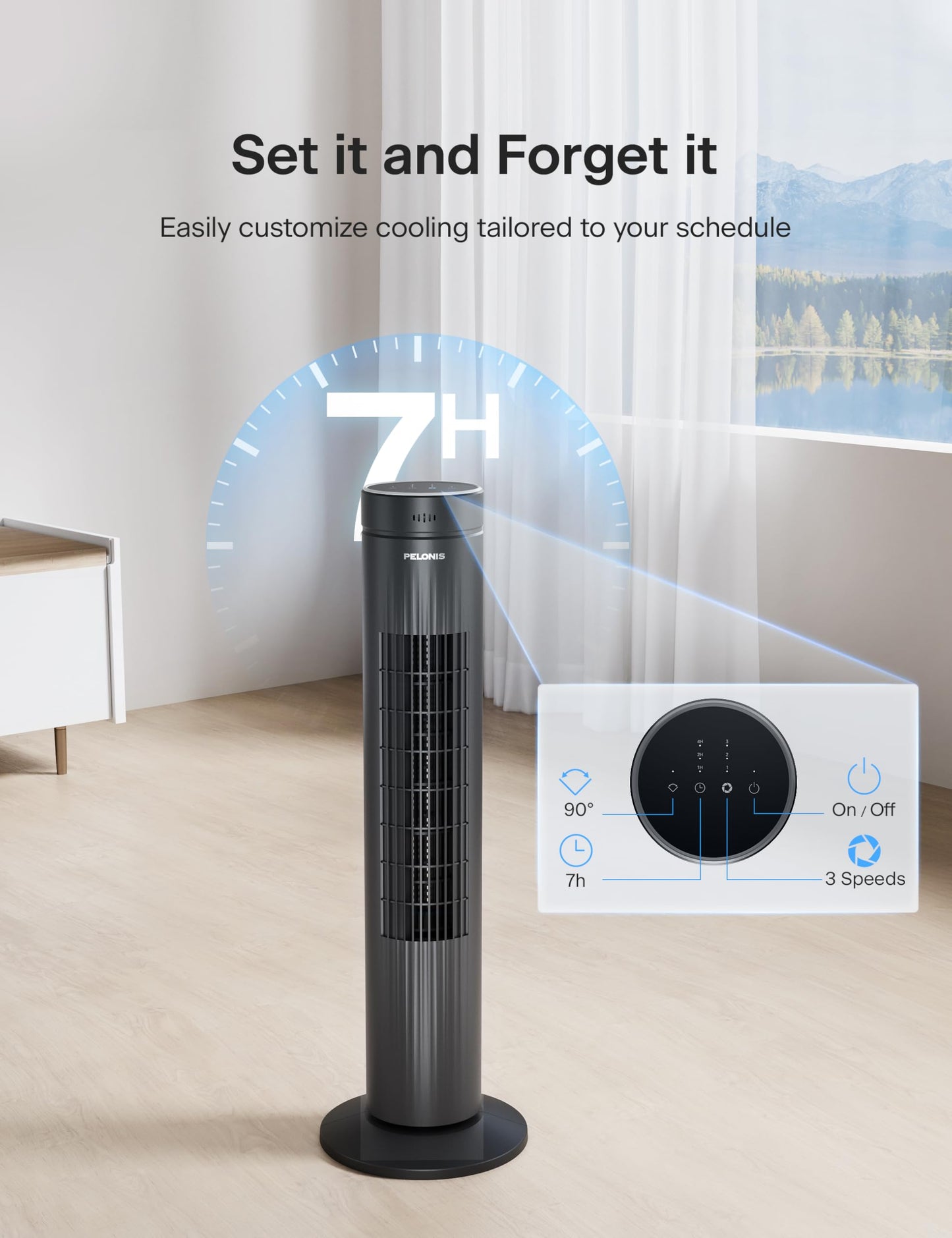 PELONIS 30-Inch Oscillating Tower Fan for Bedroom - 3 Speed, Quiet Tower Fan with Remote ControL, Small Fan, 7-Hour Timer - ETL Certified, Black