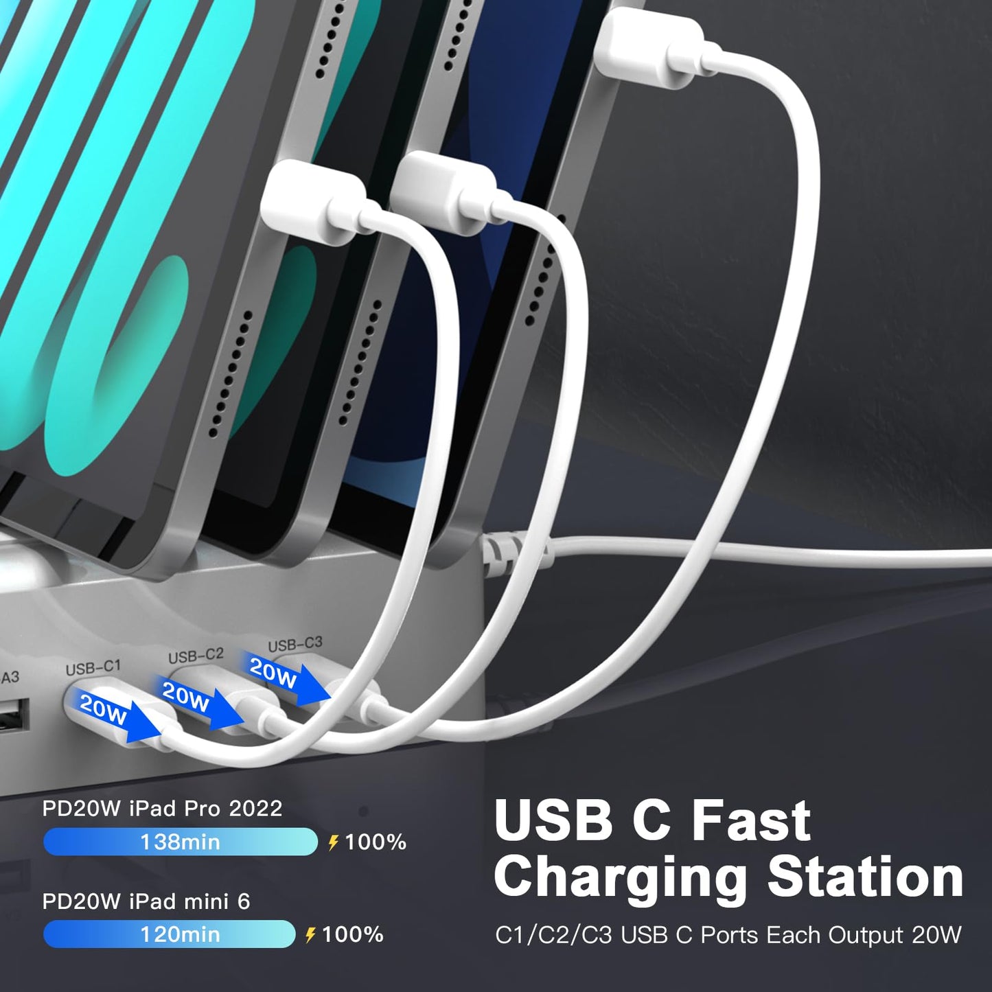 MSTJRY 90W 6-Port USB C Fast Charging Station for Multiple Devices, Multi PD Charger Station for iPhone iPad Tablet Phone, Charging Dock Organizer