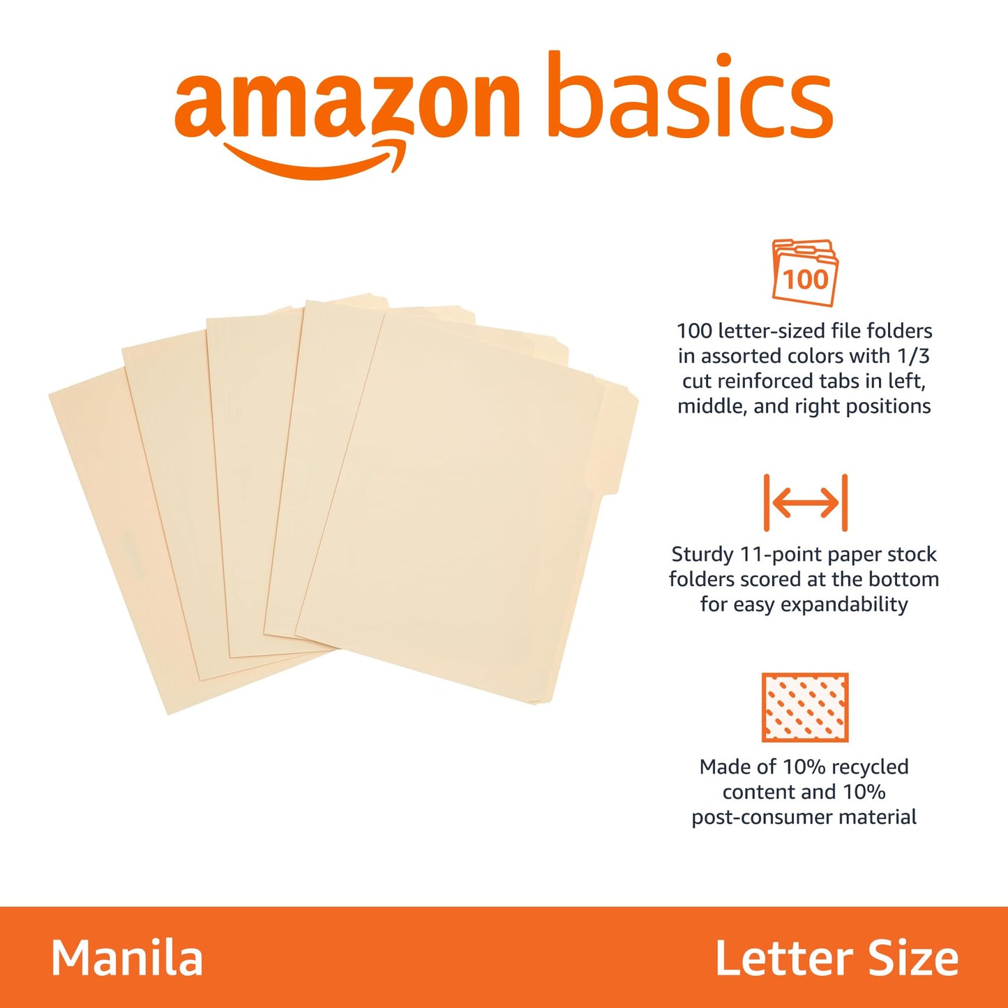 Amazon Basics Sturdy File Folders with Reinforced Tabs for Filing and Organization, 1/3-Cut Tab, Assorted Positions, Letter Size, 8.5x11 inches
