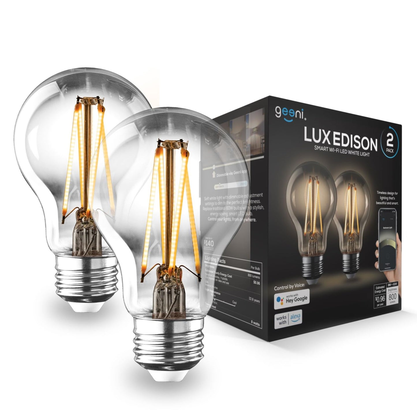 Geeni LUX Edison Wi-Fi LED Smart Light Bulb, Soft White (2700K), 2-Pack