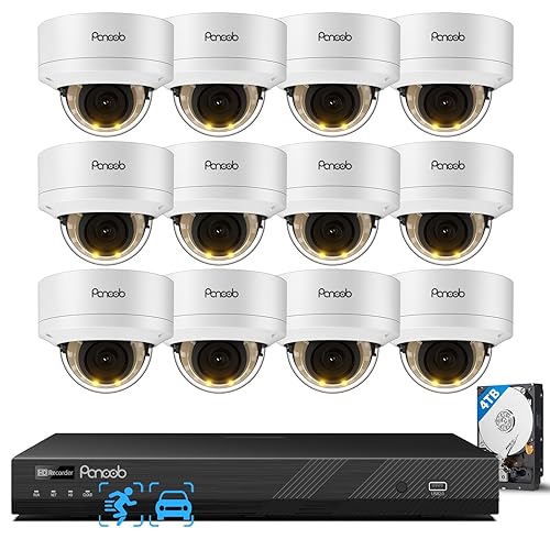 PANOOB 16 Channel Security Camera System, 12x 5MP Wired IK-10 Vandal Dome PoE Camera Outdoor, Human Vehicle Detection, Smart Color Night Vision, 2 Way