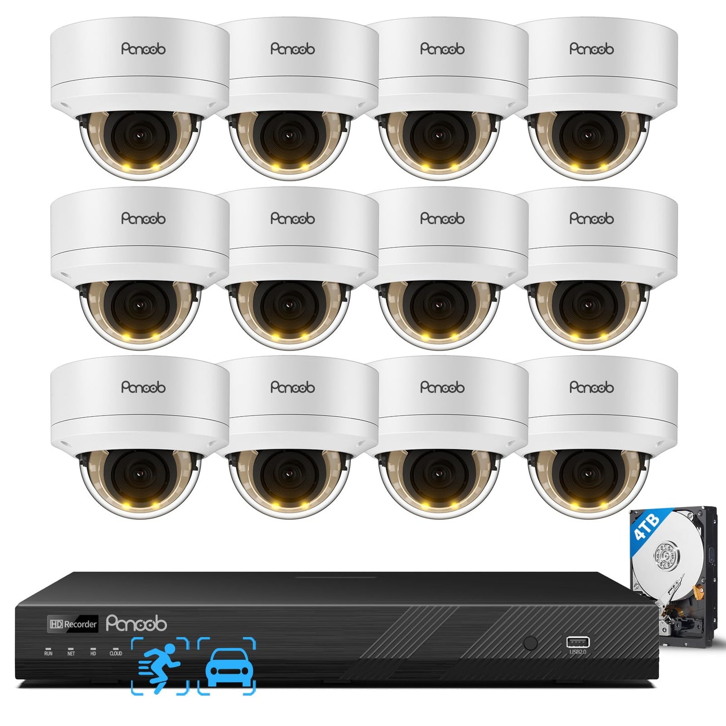 PANOOB 16 Channel Security Camera System, 12x 5MP Wired IK-10 Vandal Dome PoE Camera Outdoor, Human Vehicle Detection, Smart Color Night Vision, 2 Way