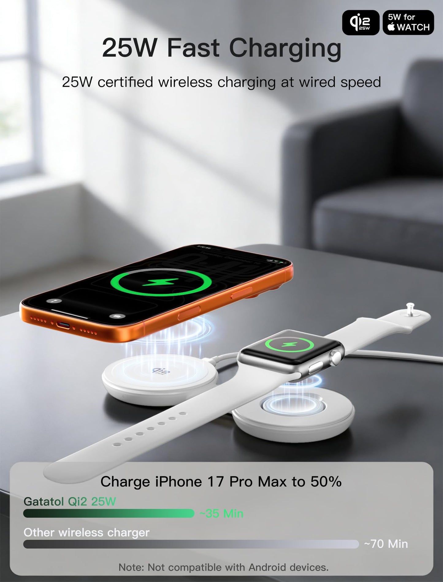 2 in 1 Magnetic Wireless Charger, Qi2 25W Fast Charging Travel Station Pad Compatible with MagSafe for iPhone Air/17/16/15/14/13/12, 5W for Apple