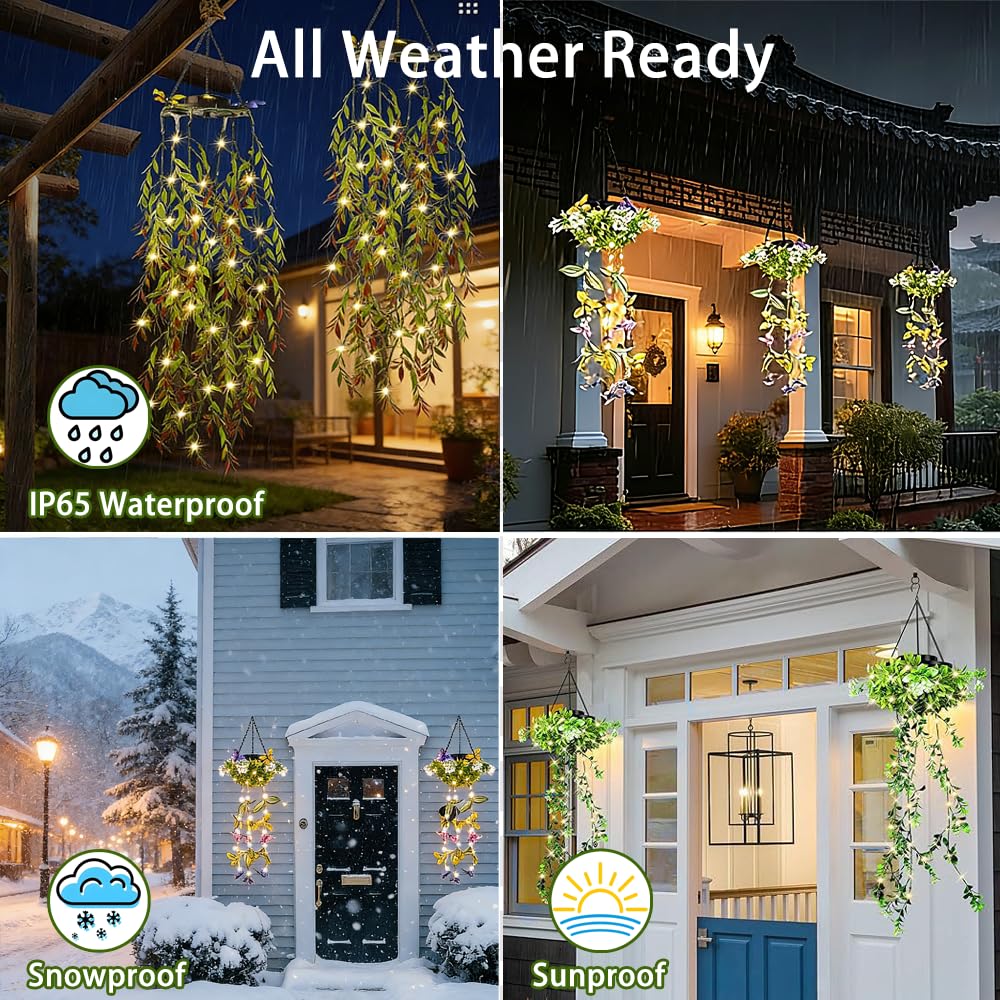 HSBMTBDBF Solar Hanging Garden Lights, 66 LED Artificial Willow Leaf Solar String Lights Outdoor, Birthday Gifts for Her Mom Grandma, IP65 Waterproof