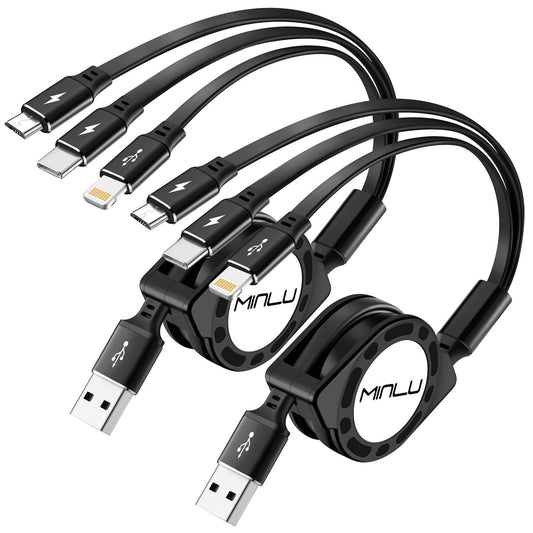 Multi Charging Cable, [2Pack 4Ft] 3 in 1 Retractable Fast Charger Cable Multi Charging Cord USB Cable Adapter with Lightning/Type C/Micro USB Port