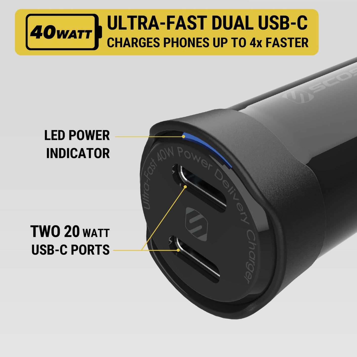 Scosche CPDCC40M PowerVolt 40W Certified Dual Port USB-C Car Charger, Flush Cigarette Lighter Adapter, Fast Charging Car Plug for 12V Power Outlet