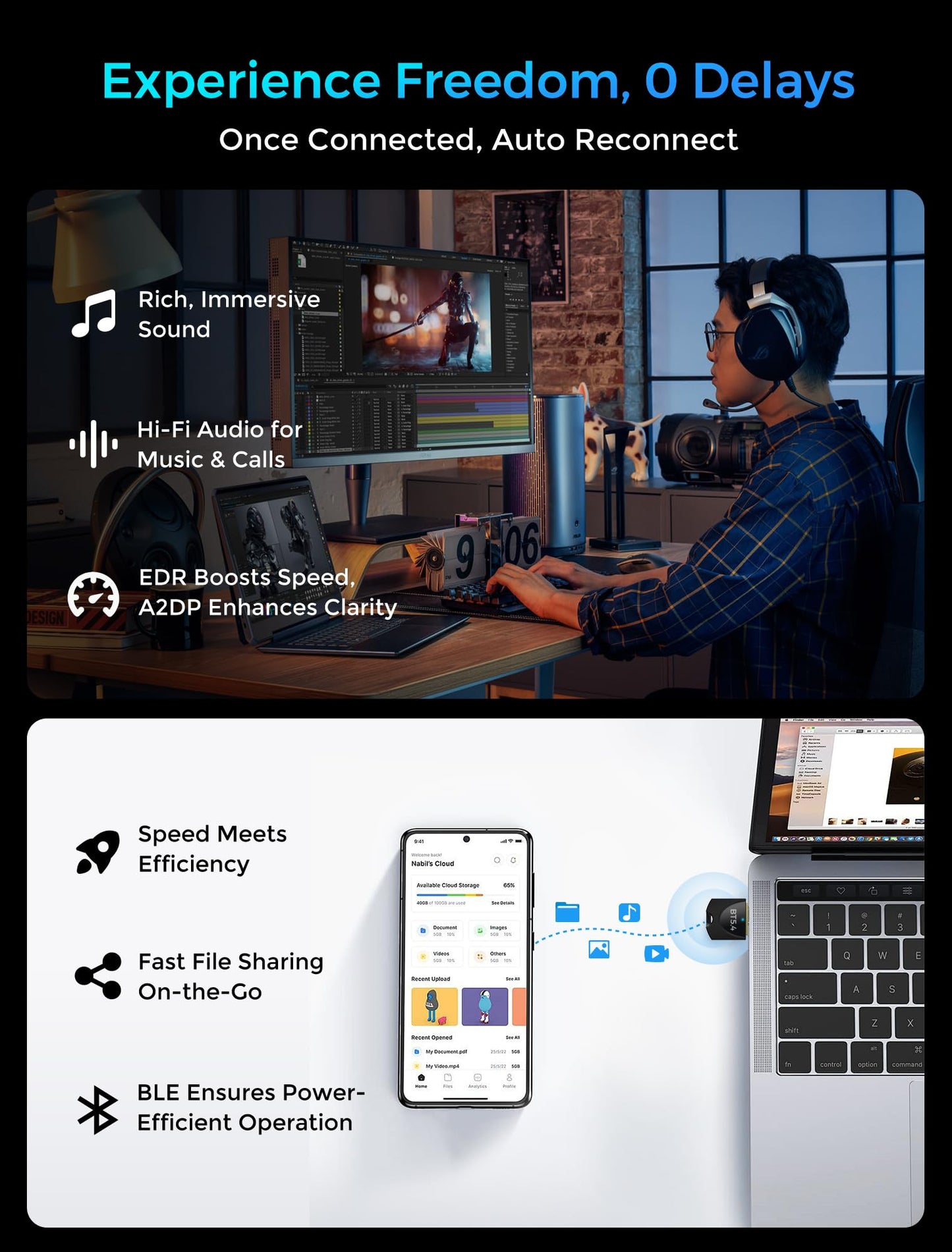 gliship 5.4 USB Bluetooth Adapter for PC, Dual Mode (BLE+EDR) Plug & Play, Up to 7 Devices, Compatible with Windows 11/10/8.1
