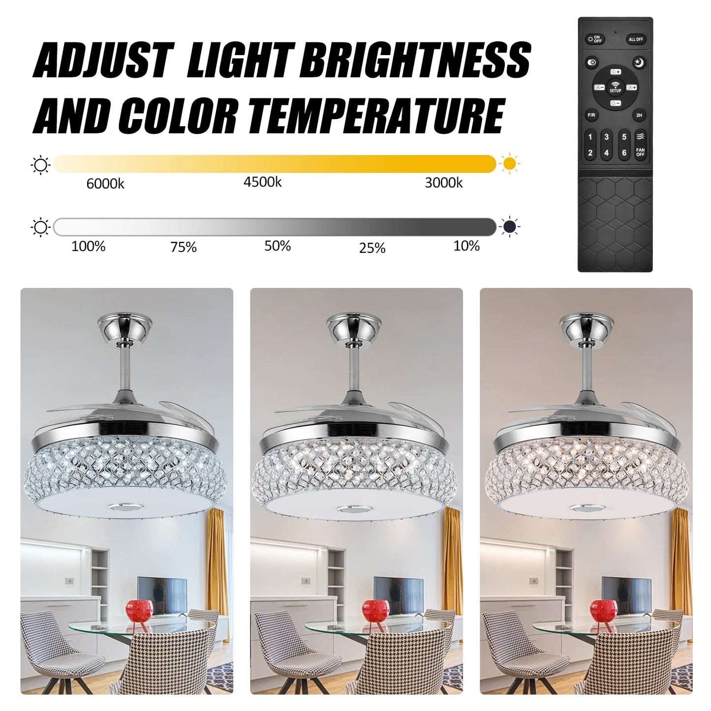 Panghuhu88 42" Invisible Ceiling Fan Chandelier with Light and Bluetooth Speaker,Modern 3 Color Change Crystal Ceiling Fan Light Remote Control 4