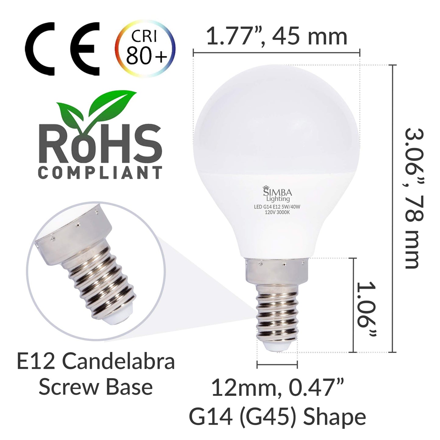 Simba Lighting LED G14 5W Small Globe, Candelabra E12 Base, 3000K, 6 Pack