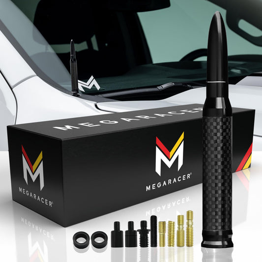 Mega Racer 50 Cal Bullet Antenna - Black Carbon Fiber 5.5 Inch AM/FM Compatible Universal Fit for Truck, Solid Aluminum with Anti-Theft Design and Car