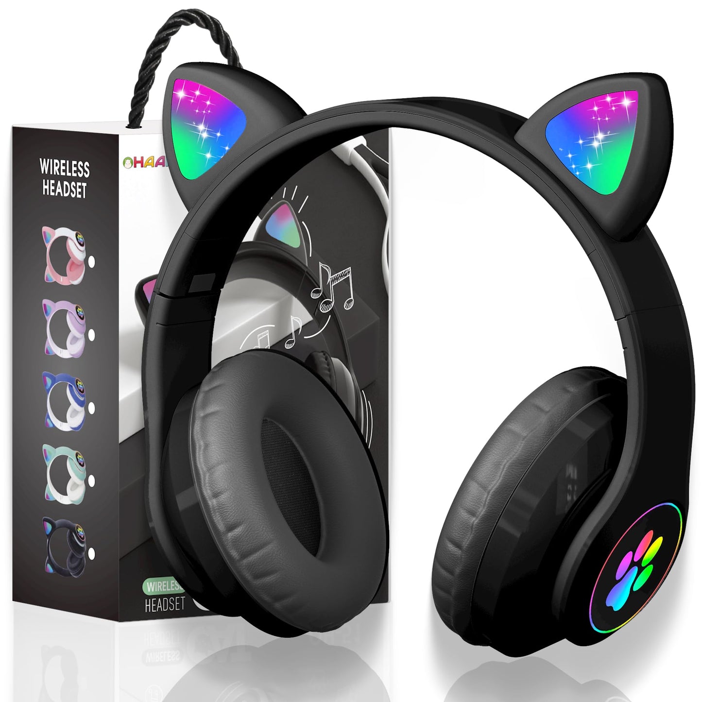 KERHAND Bluetooth Noise Cancelling Headphones for Kids,Foldable Cat Headphone with LED Light Up Ear,Cat Ear Headphones for Toddler with Microphone/TF