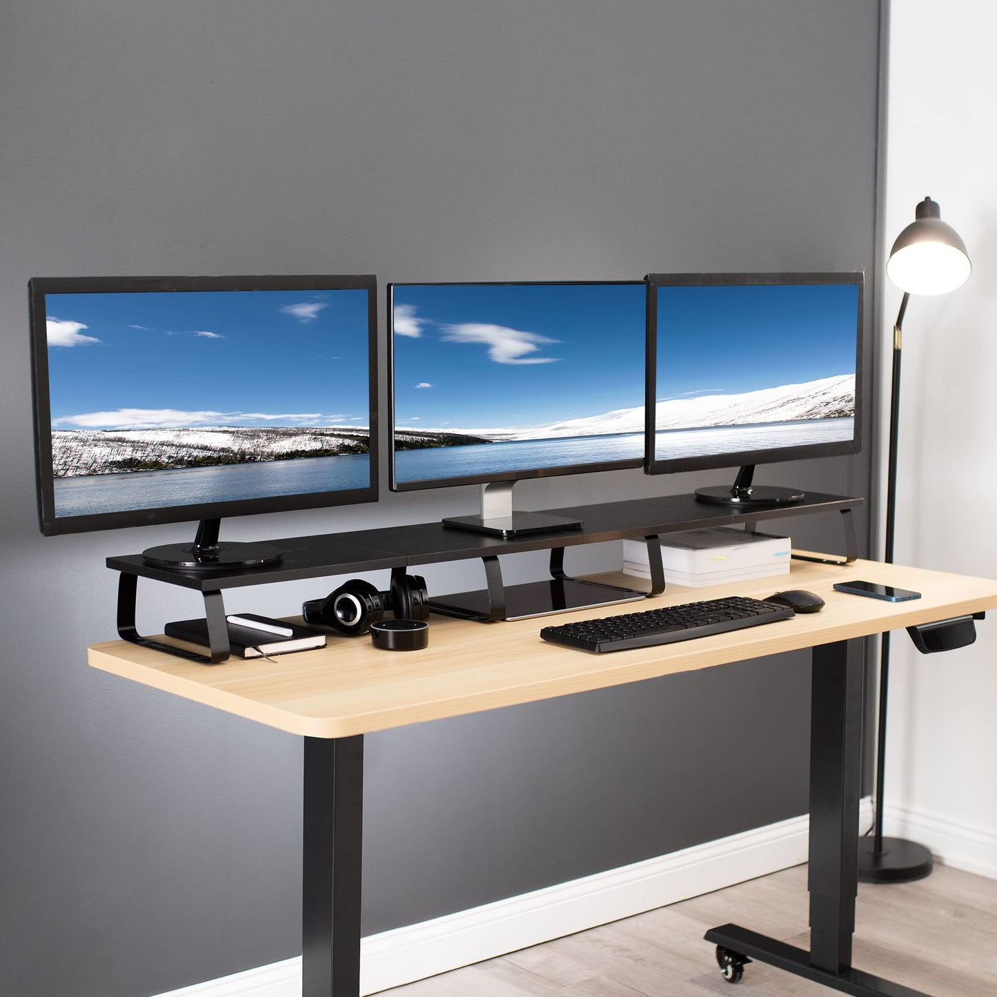 VIVO 55 inch Extra Long Monitor Stand, Wood & Steel Desktop Riser, Multi Screen, TV, Keyboard, Laptop, Ergonomic Desk and Tabletop Organizer, Black