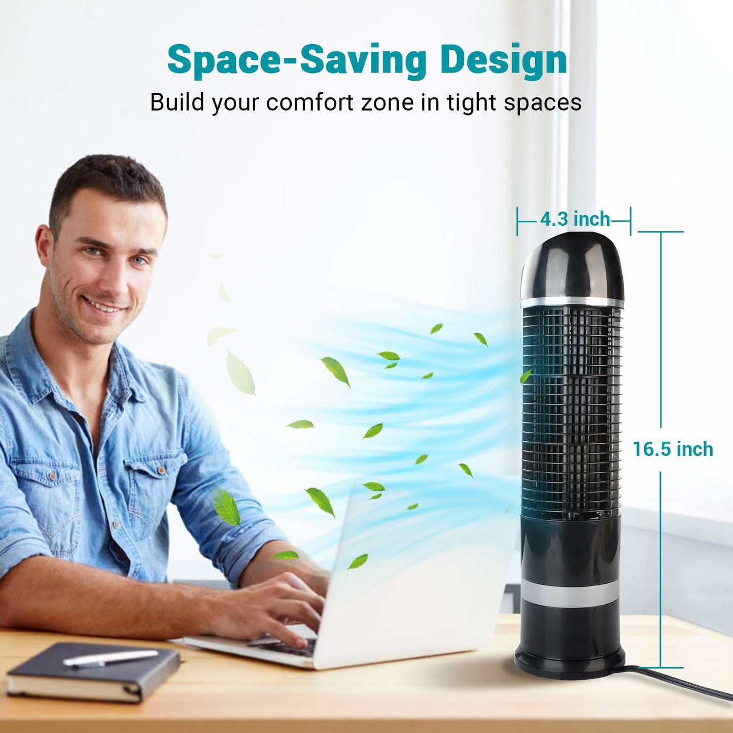 DR.PREPARE Oscillating Tower Fan, Desk Table Fan with 3 Speeds, Quiet Cooling, 60° Oscillation, 16 Inch Personal Small Bladeless for Bedroom Home