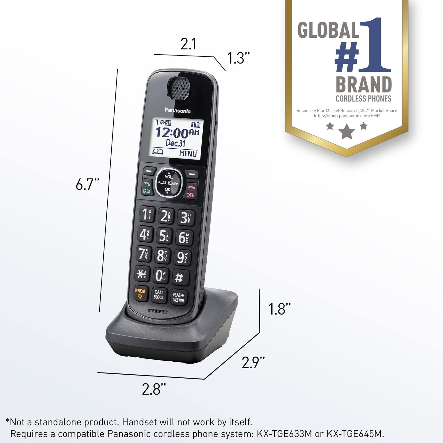 Panasonic Additional Cordless Phone Handset Compatible with KX-TGE633M/TGE645M Cordless Phone Systems - KX-TGEA60M (Metallic Black)