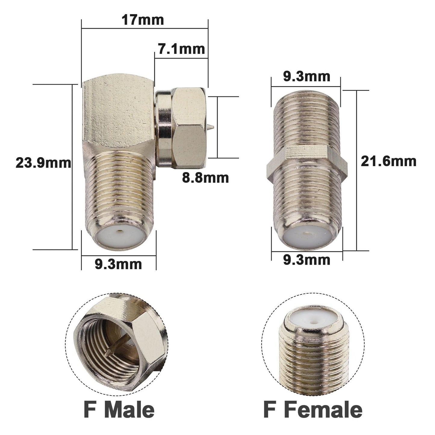 Coax 90 Degree Adapter F Type Male to Female Coaxial 90 Degree Connector Flat Wall L Shape 2pcs + 2pcs Coaxial Cable Connector RG6 F Type Female