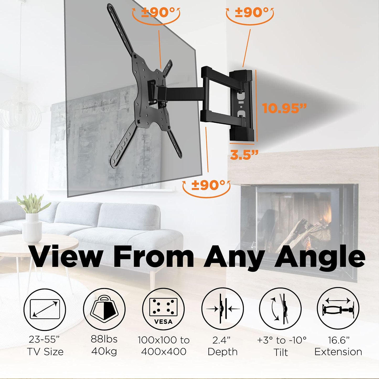 ProMounts Articulating/Full Motion TV Wall Mount for Most 23-60 Inch Curved, Flat Screen, LED, LCD, OLED, Plasma TVs, Holds up to 88 lbs. Max VESA