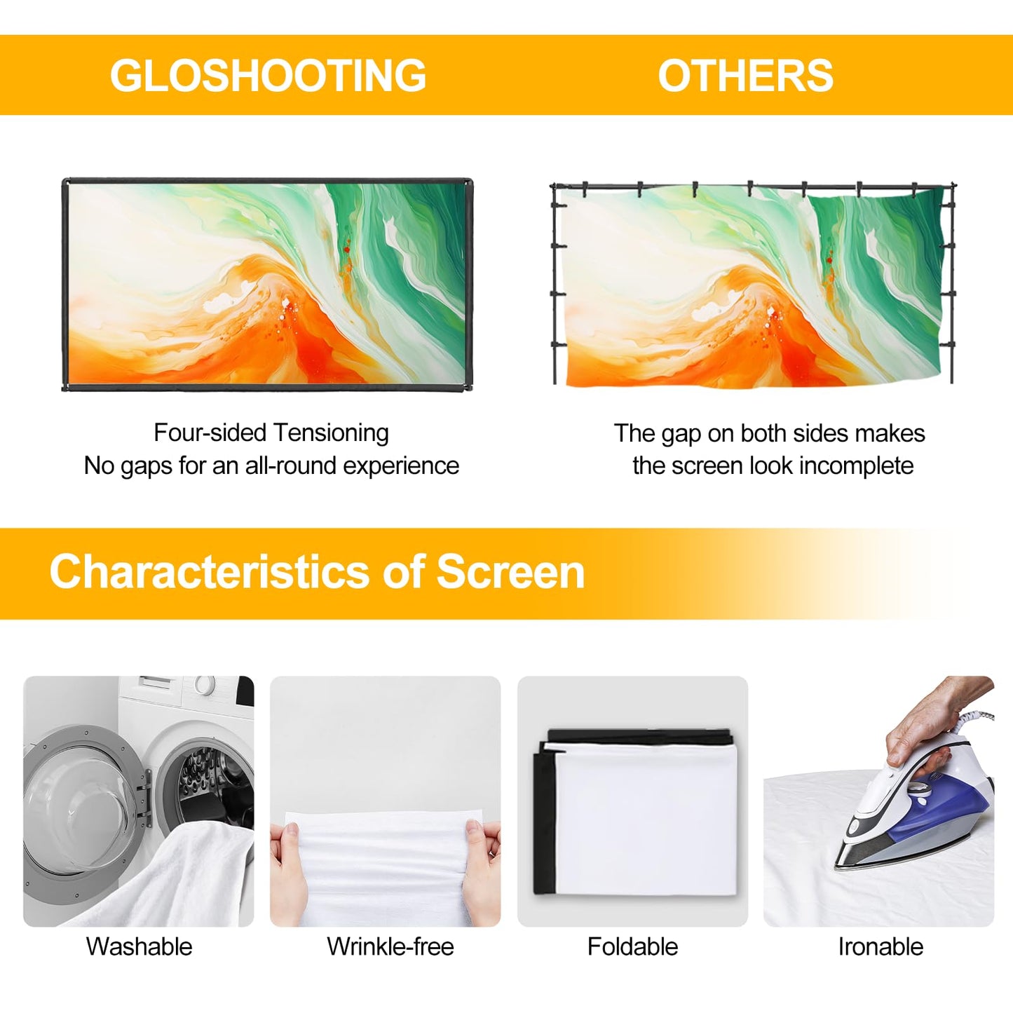 Projector Screen with Stand, 100 inch Portable Projector Screen Stand with Elastic Rope Bar, Outdoor Indoor 16:9 4K HD Wrinkle-Free Front Rear