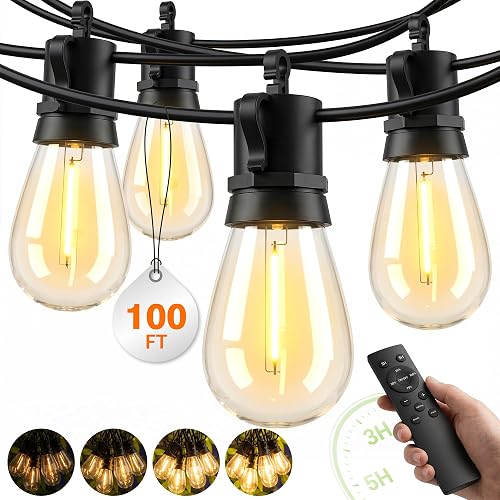 Outdoor String Lights LED Patio-Light - 100Ft Outside Waterproof Dimmable Porch Lights with Remote Shatterproof S14 Bulbs Outside Hanging Light