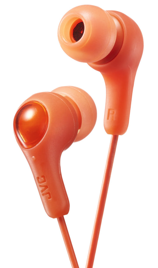 ORANGE GUMY In ear earbuds with stay fit ear tips. Wired 3.3ft colored cord cable with headphone jack. Small, medium, and large ear tip earpieces