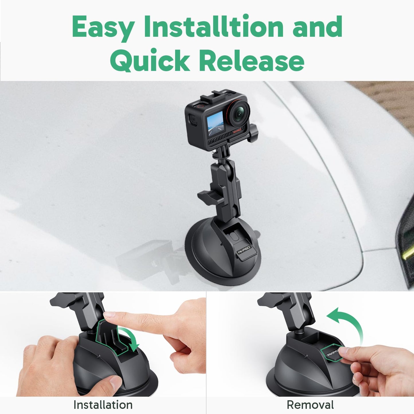 AKASO Suction Cup Car Mount with Phone Holder for GoPro Hero 13 12 11 10 9, Insta360 X5 X4 X3, DJI Action, Osmo 360, 360, EK7000/EK7000 Pro, Brave 4/4