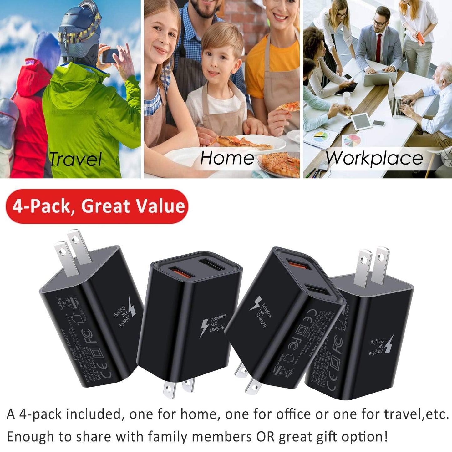 USB Plug, Dual USB Wall Charger 4 Pack, 30W 2-Port Fast Charger Block,Quick Charge 3.0 Charging Block Cube for iPhone 16 15 14 13 12 11 X,iPad,Samsung