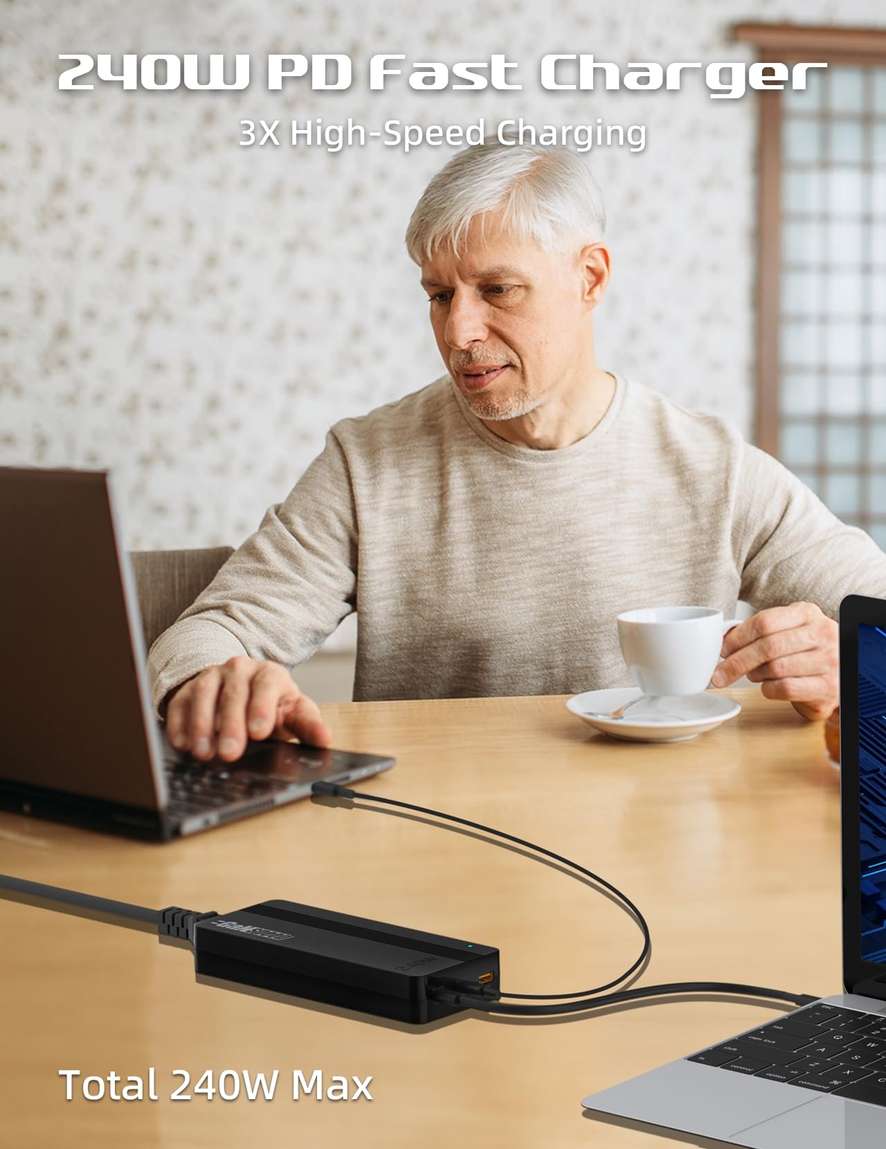 GaNspeed Portable 240W GaN PD USB C USB A Desktop Charger Adapter, 3-Port PPS Fast Charging with 3Ft Removable AC Cord for MacBook Air Pro Laptop