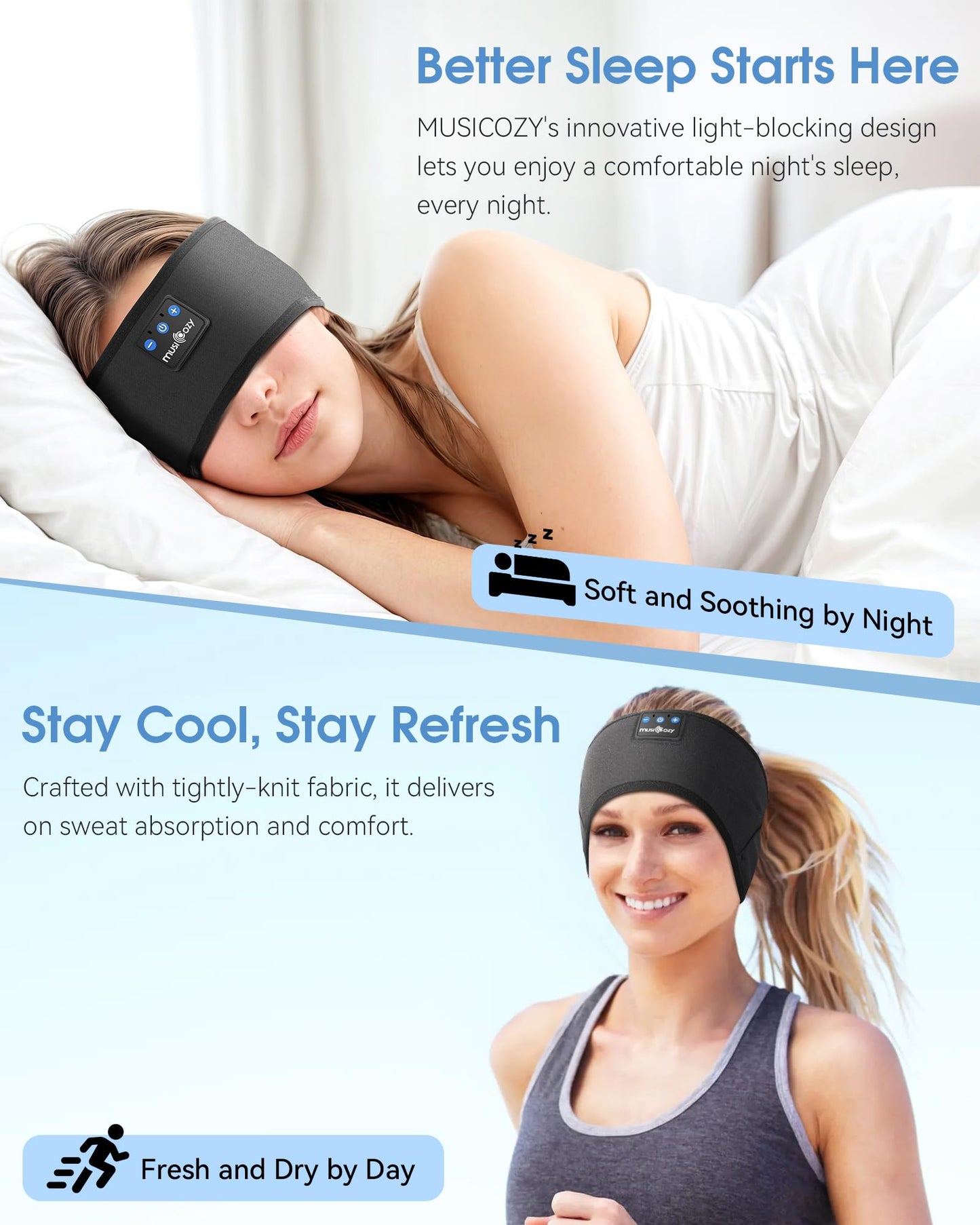 MUSICOZY Sleep Headphones Bluetooth Headband Headphones for Side Sleepers