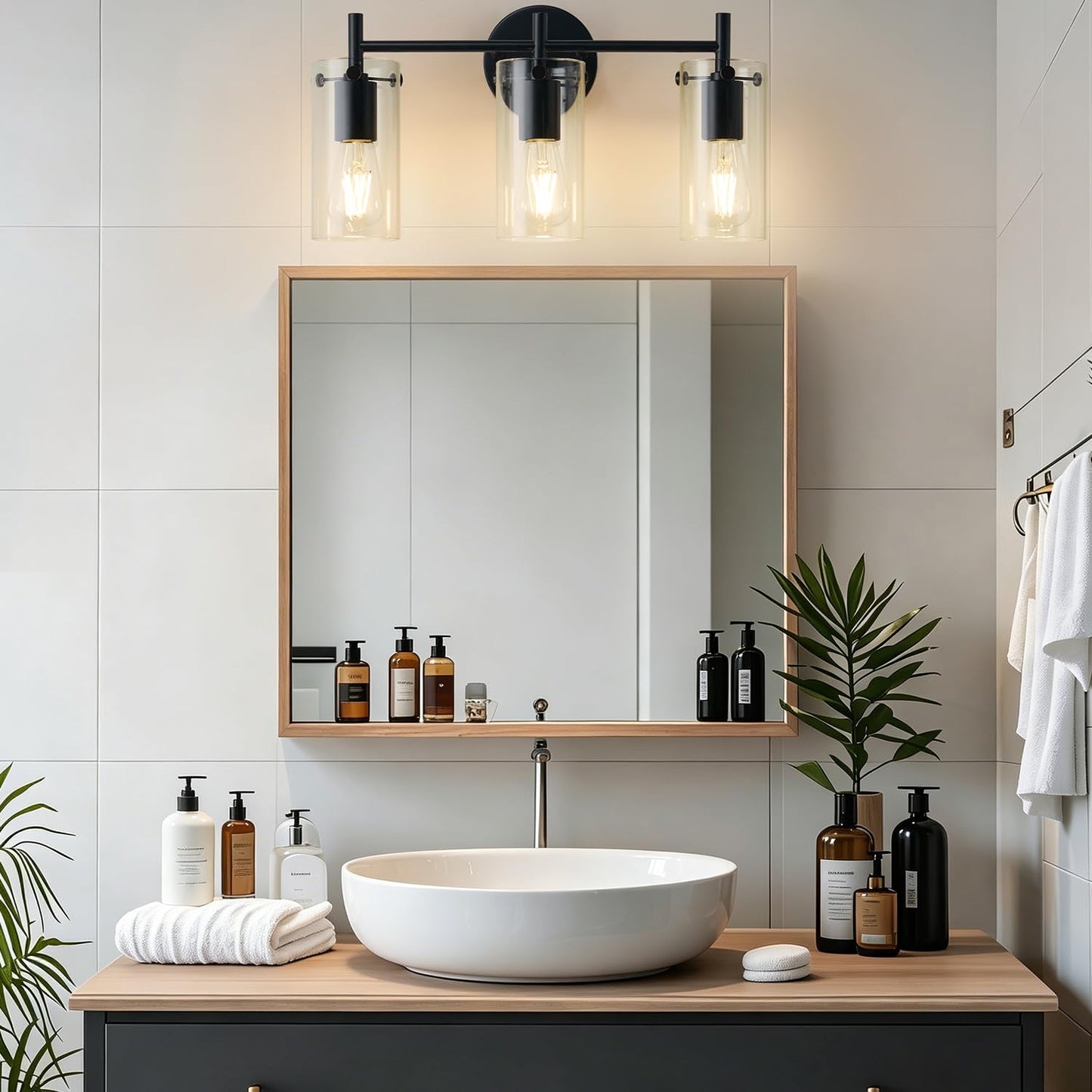 Indoi Bathroom Light Fixtures, 3-Light Matte Black Vanity Light, Black Bathroom Lights Over Mirror with Clear Glass Shade, Wall Sconces for Mirror