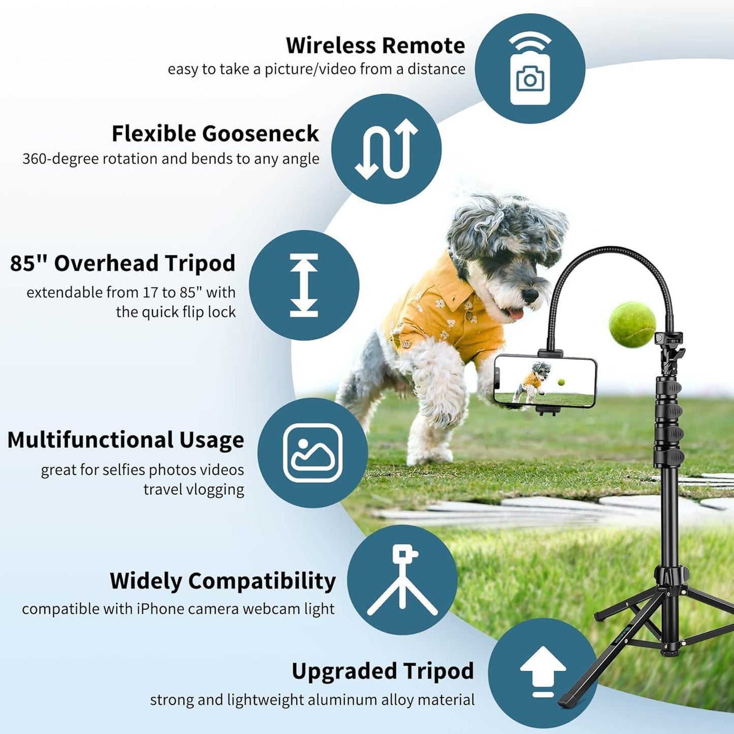 Selfie Stick Tripod, 85" Phone Tripod, Aluminum Tripod Stand for Video Recording Photo Vlog, Travel Cell Phone Tripod with Gooseneck/Remote/Phone