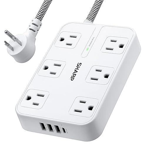 SHARP Surge Protector Power Strip - 6 Widely Spaced Outlets with 4 USB Fast Charge USB Charging Ports (3 USB-A and 1 USB Type-C), Flat Wall-Hugger