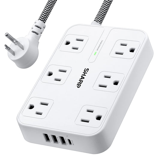 SHARP Surge Protector Power Strip - 6 Widely Spaced Outlets with 4 USB Fast Charge USB Charging Ports (3 USB-A and 1 USB Type-C), Flat Wall-Hugger