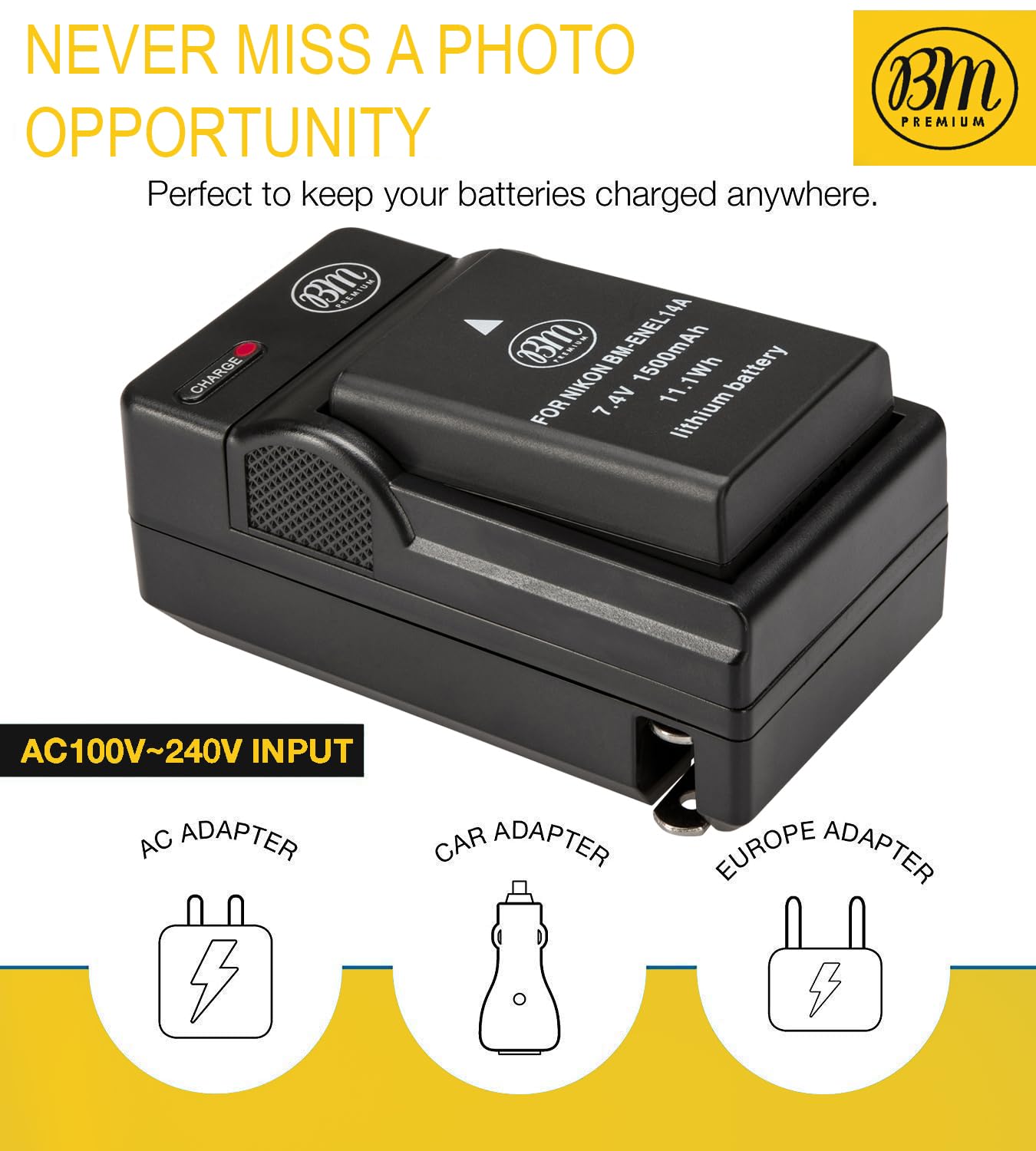 BM Premium EN-EL14A, EN-EL14 Battery and Charger for Nikon D3100, D3200, D3300, D3400, D3500, D5100, D5200, D5300, D5500, D5600, DF, Coolpix P7000