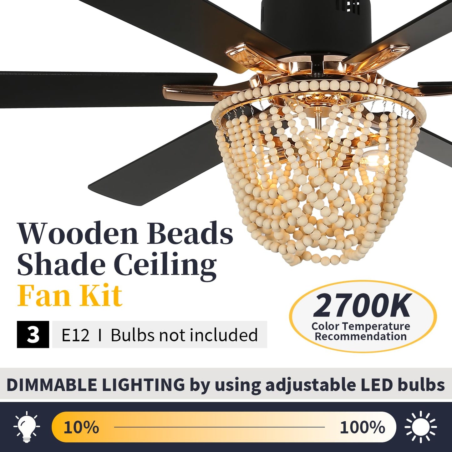 OYYPTDZM 65 Inch Ceiling Fan with Lights and Remote, Wooden Bead Fandelier