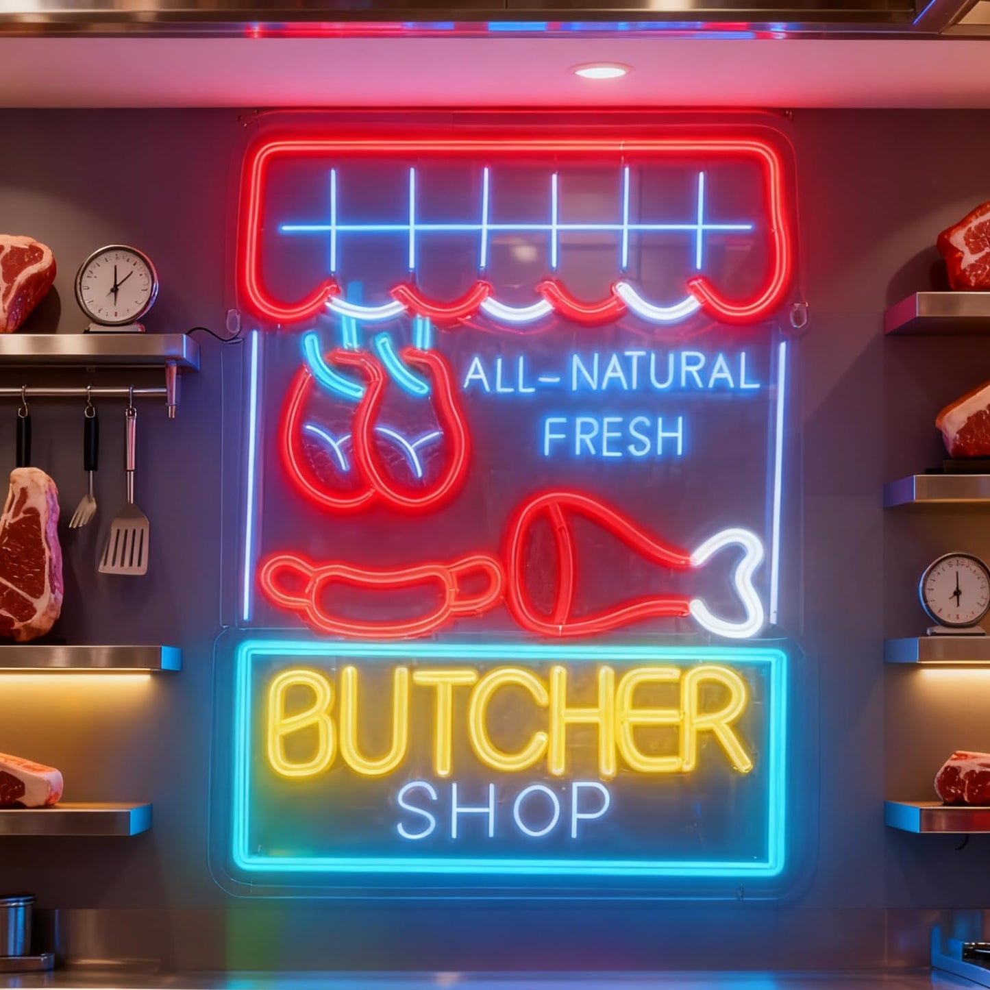 Butcher Shop LED Neon Sign, Butcher Store Home Kitchen Wall Table Light Up Letters Sign, USB Powered Decorative Neon Light 16.1 x 12 In