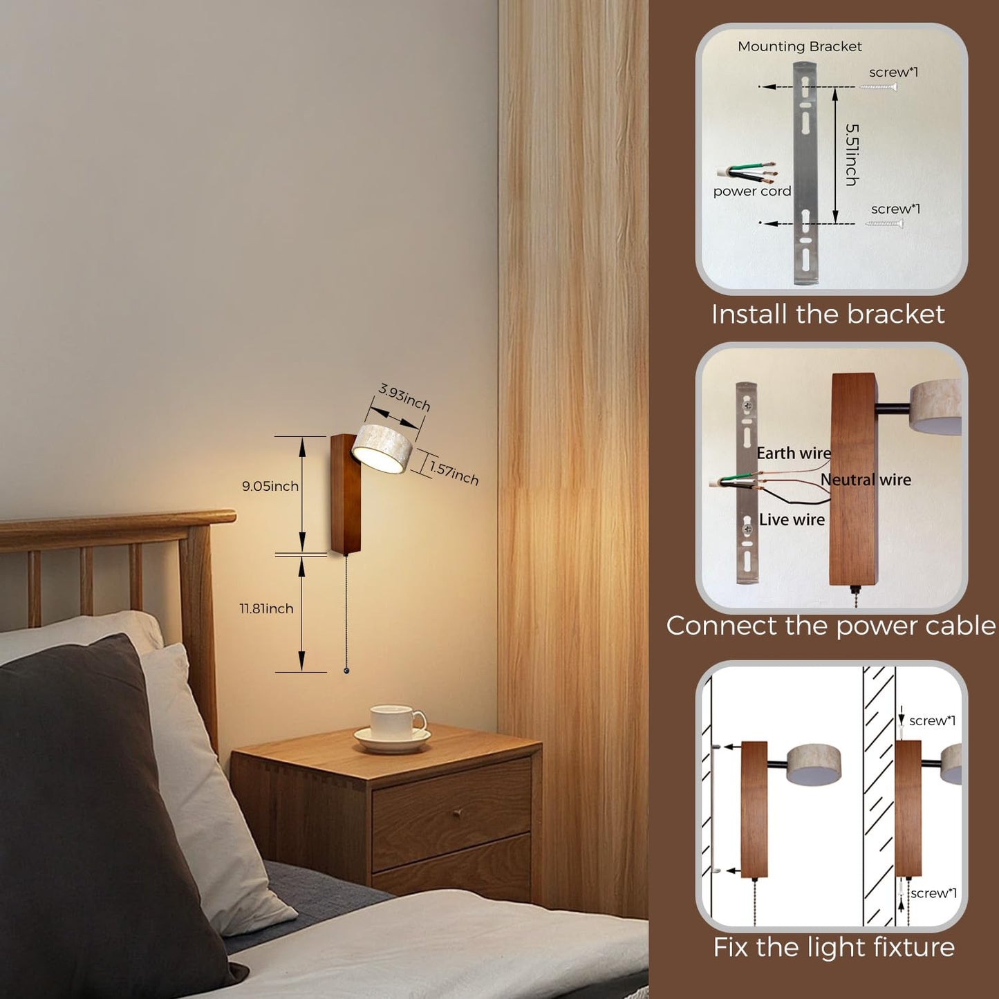 LED Wood Wall Sconce with Pull Chain Switch, Black Walnut Base with Rotatable Yellow Travertine Stone Lampshade, Built-in LED Light, Modern Rustic