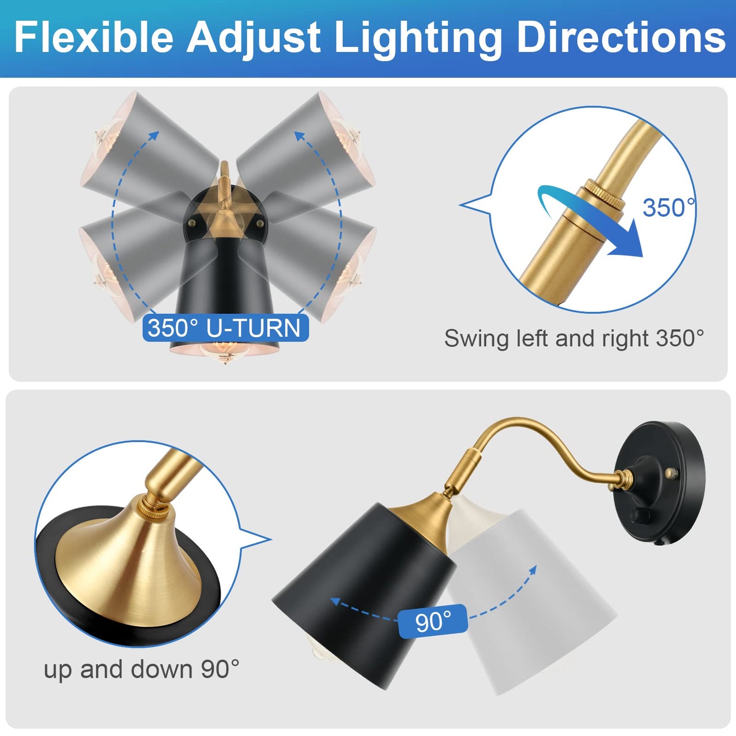 TRLIFE Wall Sconces Plug in, Dimmable Wall Lights with Plug in Cord Adjustable Lighting Angle Wall Mounted Light with On/Off Rotary Switch