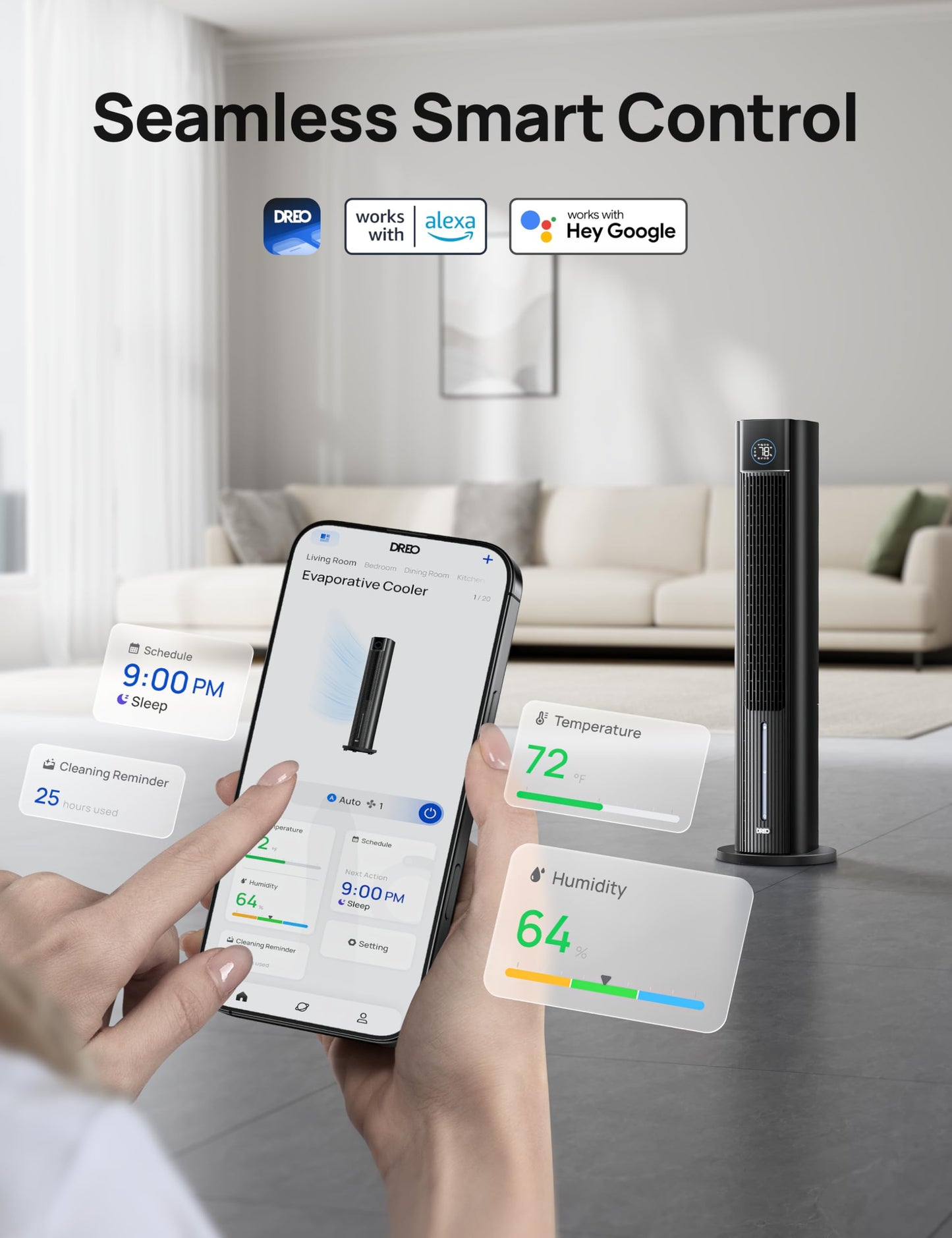 DREO Tower Fan for Bedroom, 43" Cooling Fans That Blow Cold Air 2025 Upgraded, Evaporative Air Cooler, Quiet 85° Oscillating Floor Fan, Easy Cleaning