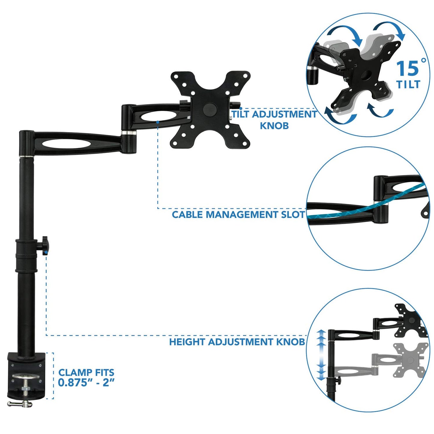 Mount-It! Single Monitor Arm Mount | Desk Stand | Heavy Duty Full Motion Height Adjustable | Fits 19 21 24 27 29 30 in VESA 75 100 Compatible Computer