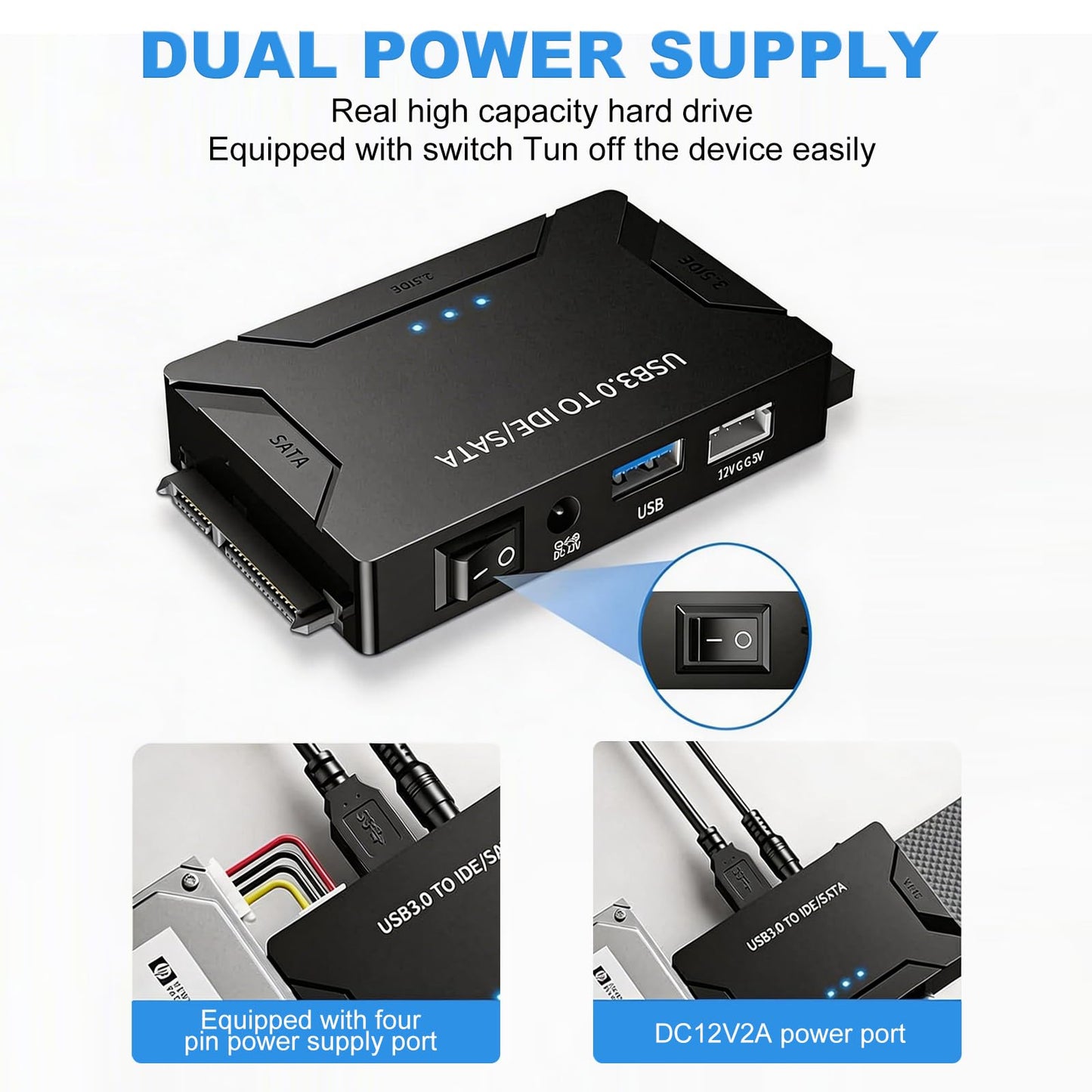 USB 3.0 to IDE SATA Adapter Hard Drive Reader, Type C USB to External Hard Drive Disk HDD Converter Kit for Universal 2.5/3.5 HDD SSD with Power