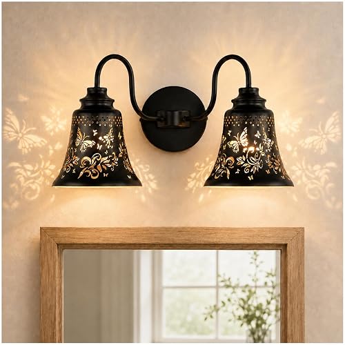 SendaLife 2 Light Bathroom Vanity Light,Rustic Butterfly Metal Black and Gold Wall Sconce,Industrial Bathroom Lighting Fixtures Over Mirror,Gooseneck