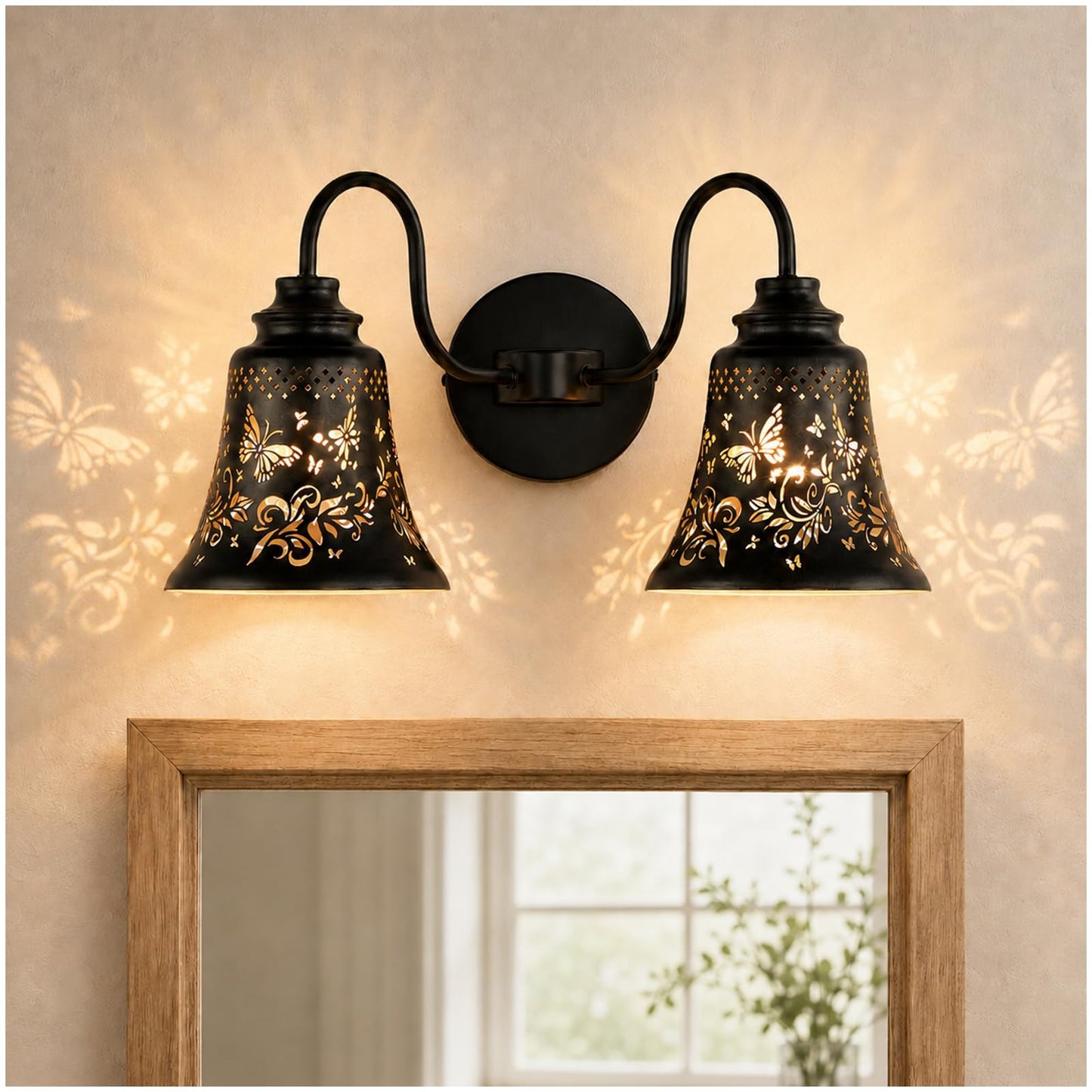 SendaLife 2 Light Bathroom Vanity Light,Rustic Butterfly Metal Black and Gold Wall Sconce,Industrial Bathroom Lighting Fixtures Over Mirror,Gooseneck