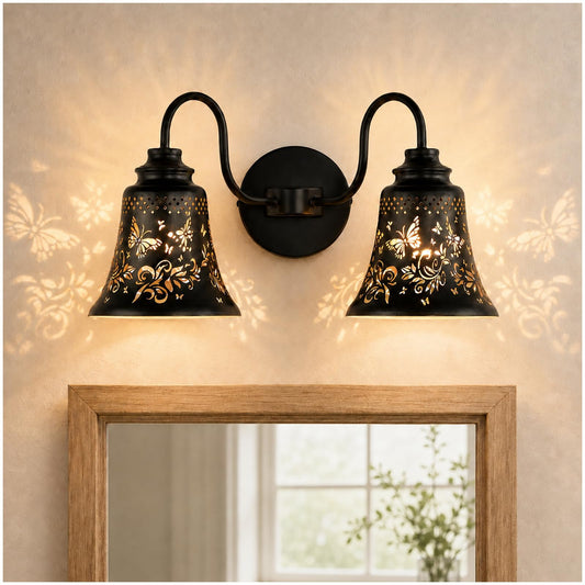 SendaLife 2 Light Bathroom Vanity Light,Rustic Butterfly Metal Black and Gold Wall Sconce,Industrial Bathroom Lighting Fixtures Over Mirror,Gooseneck