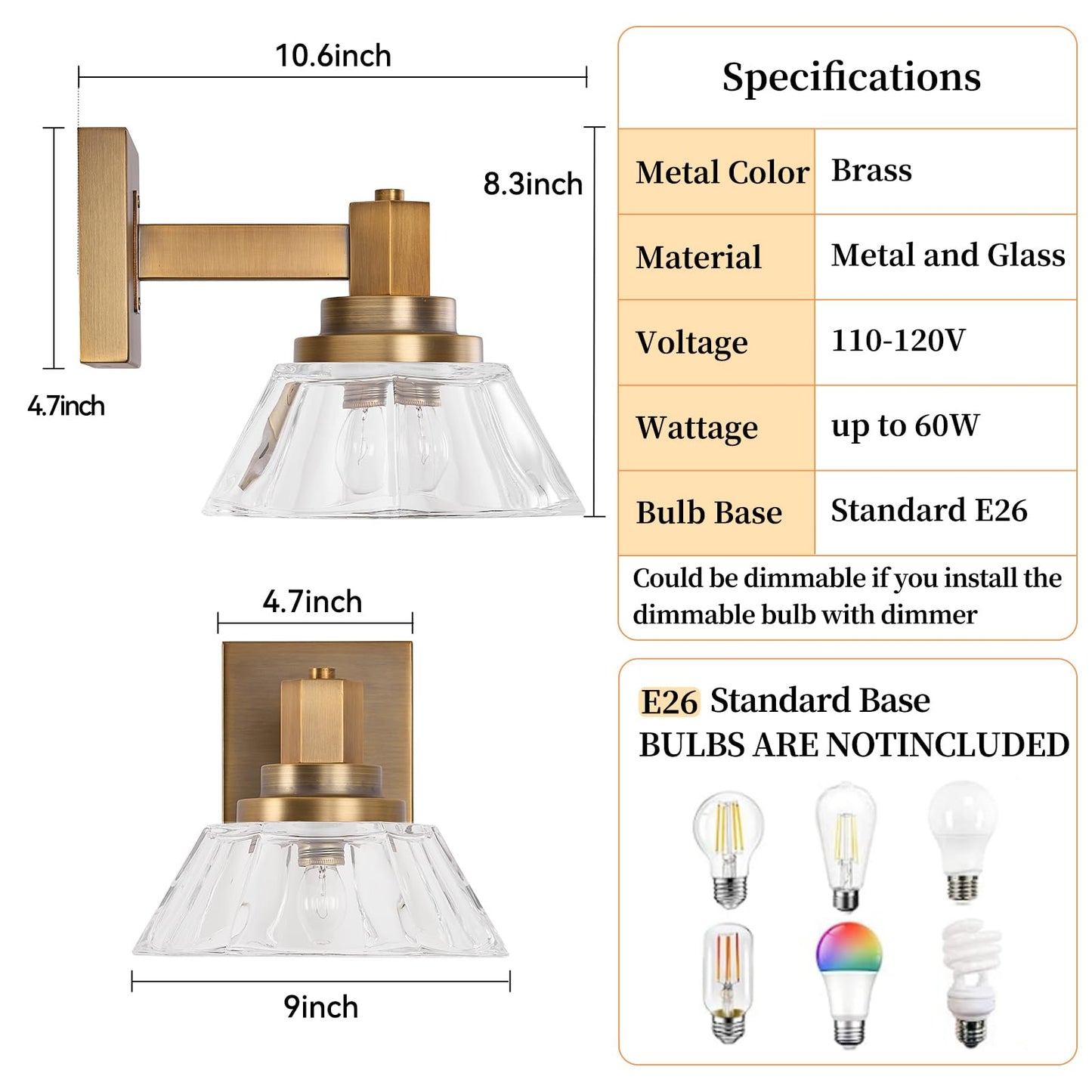 BHBYEDYCK Vintage Glass Wall Sconces Gold Sconces Brass Bathroom Vanity Lights Retro Wall Light Fixture for Bedroom