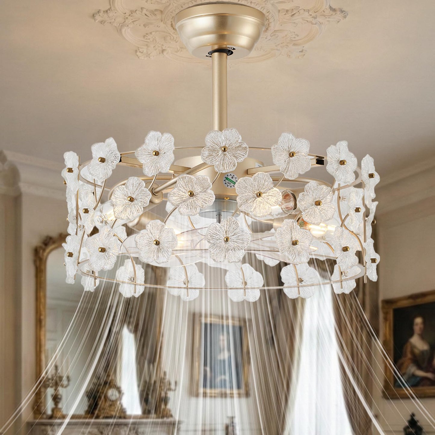 jorbeca 20" Flower Gold Crystal Fandelier Ceiling Fans with Lights Caged