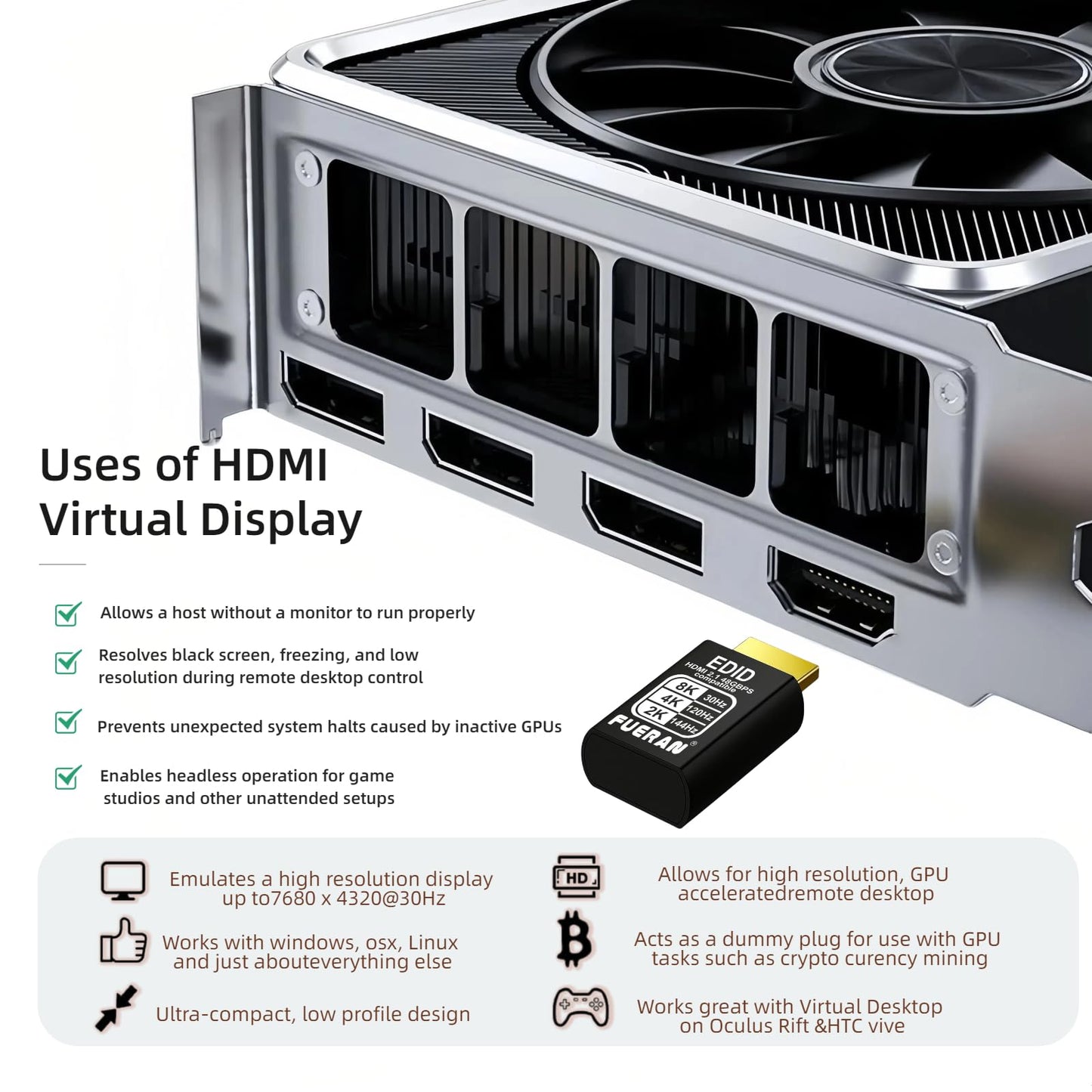 FUERAN 4K 120Hz HDMI 2.1 Dummy Plug,Virtual Display Emulator,displayport Dummy Plug 4k 120hz,Headless Ghost Display Adapter,8K EDID Monitor