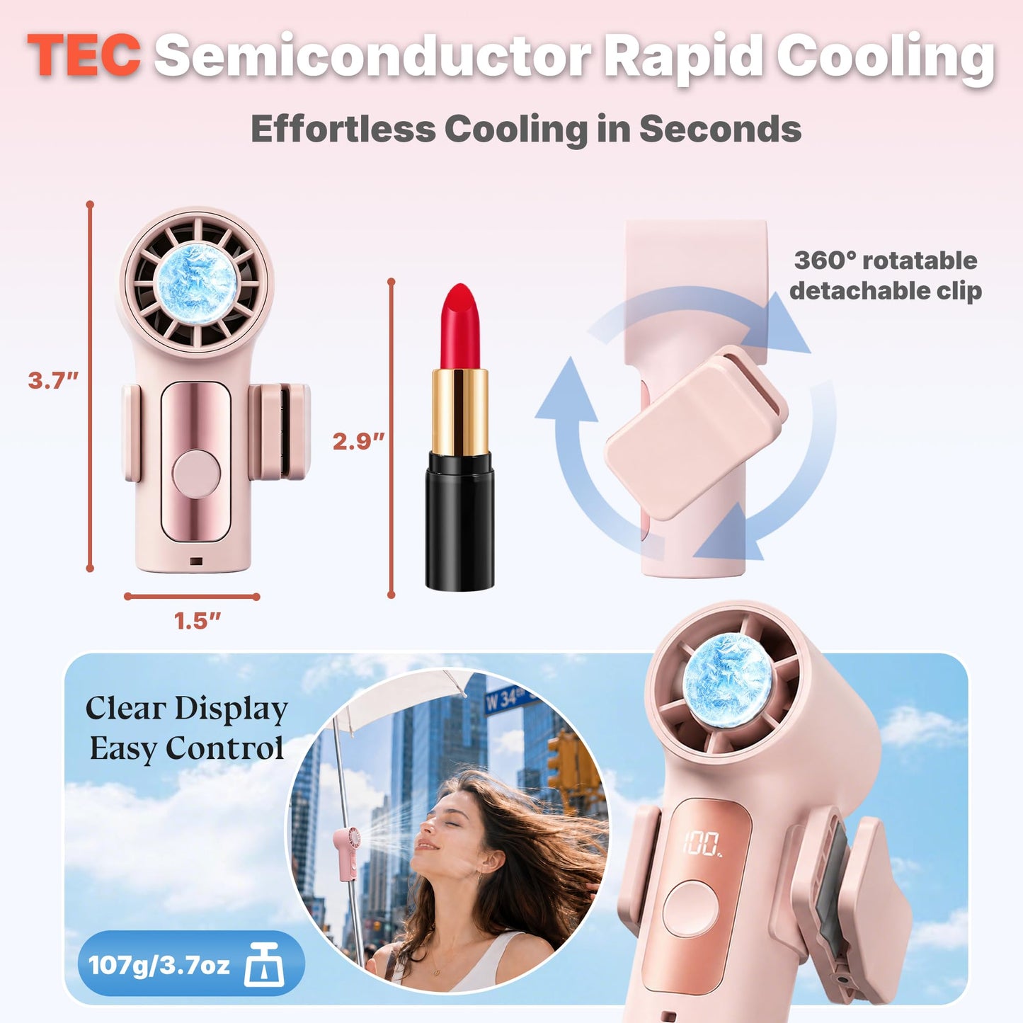 Sovrelon Portable Clip-On Mini Fan with Ice Cooler,Turbo Personal Handheld Mini Fan 3000mAh Rechargeable?Detachable Clip,Pocket Size for Travel/Eye