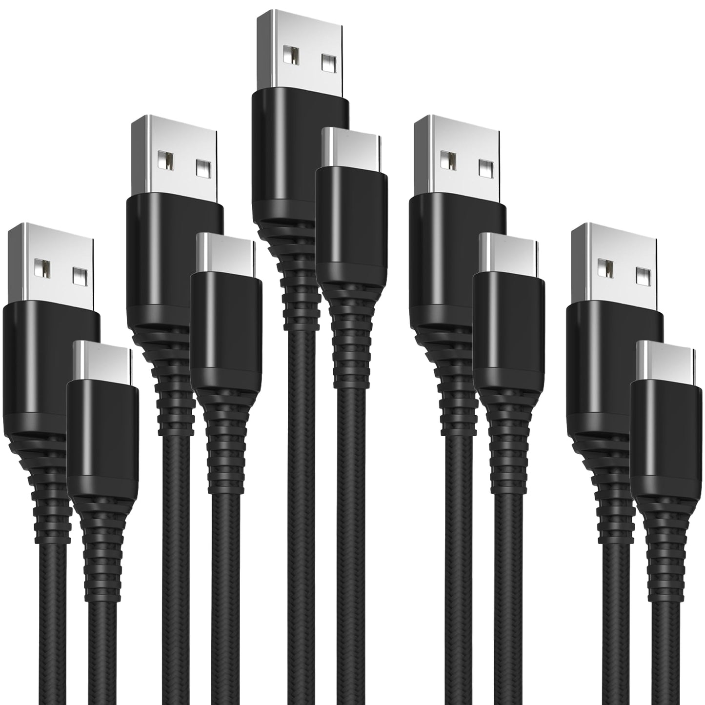 tekSonic 5-Pack USB-A to USB-C Cables - Extra-Long 10 ft (3 m), 3A Fast Charging, Braided - Compatible with iPhone 15/16/17, Galaxy S25/S24/S23