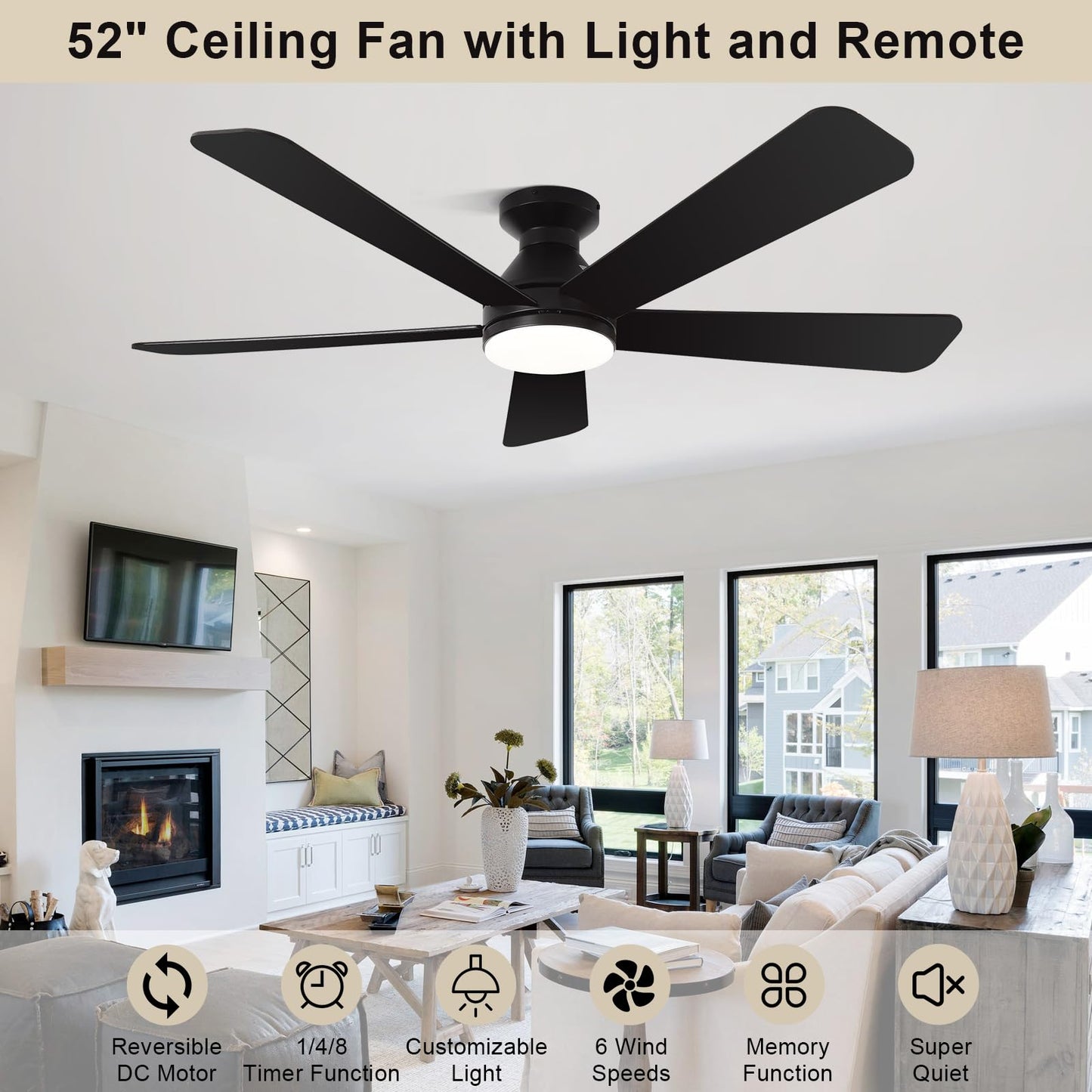 MOSSCO 52 Inch Black Low Profile Flush Mount Ceiling Fan with Light, Remote/APP Control, 3 CCT Dimmable, Noiseless DC Motor, Reversible, 6 Speed