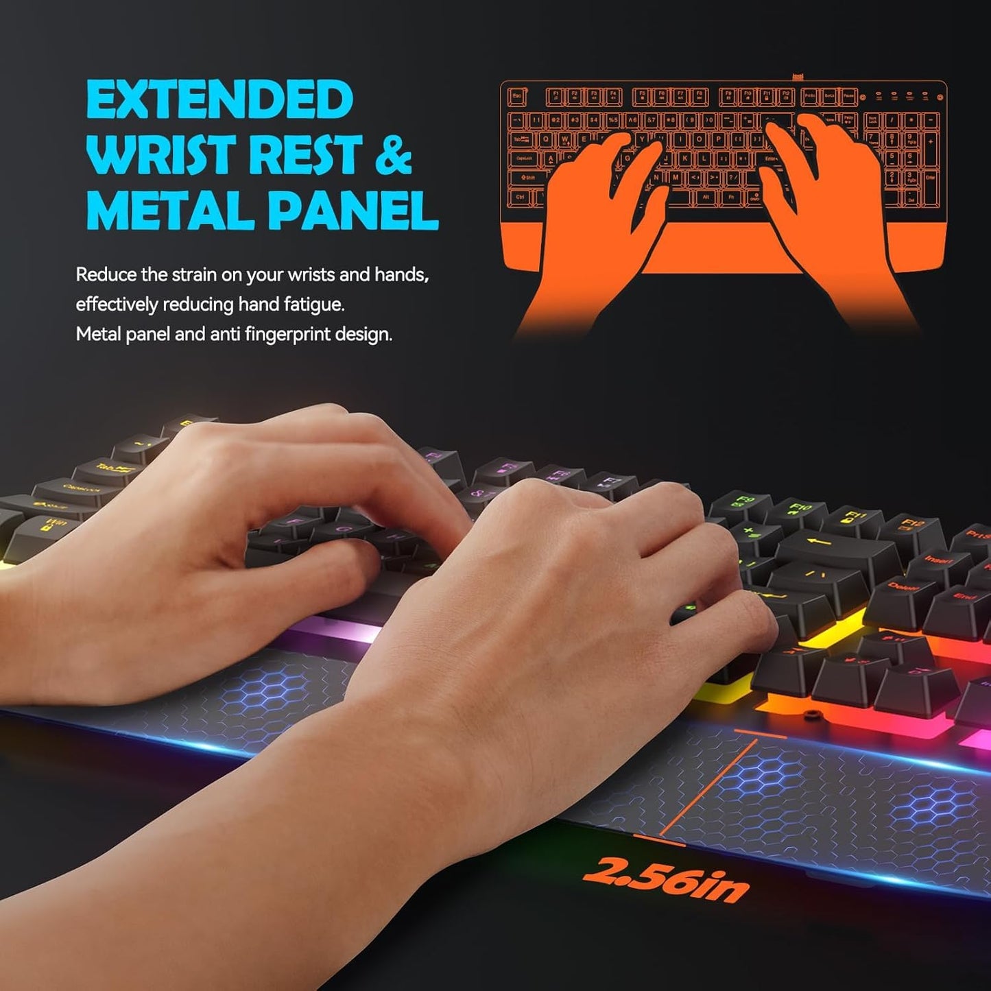 Wired Gaming Keyboard,RGB Light Up Keyboard with Wrist Rest,104Keys All Metal Panel Rainbow Backlit for Gaming,Silent Computer with Multimedia